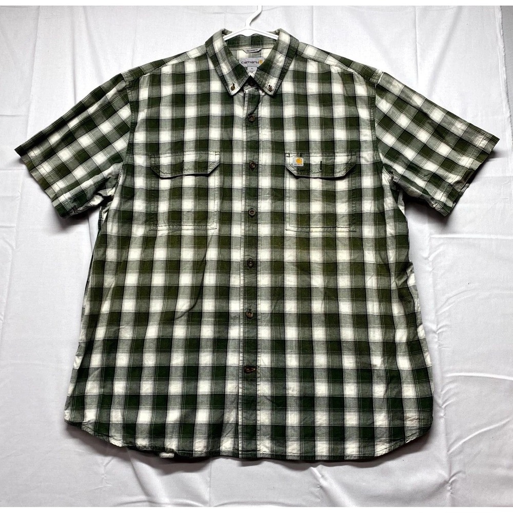 Carhartt Shirt Mens XL White Green Cotton Plaid Relaxed Fit Pockets Button Down